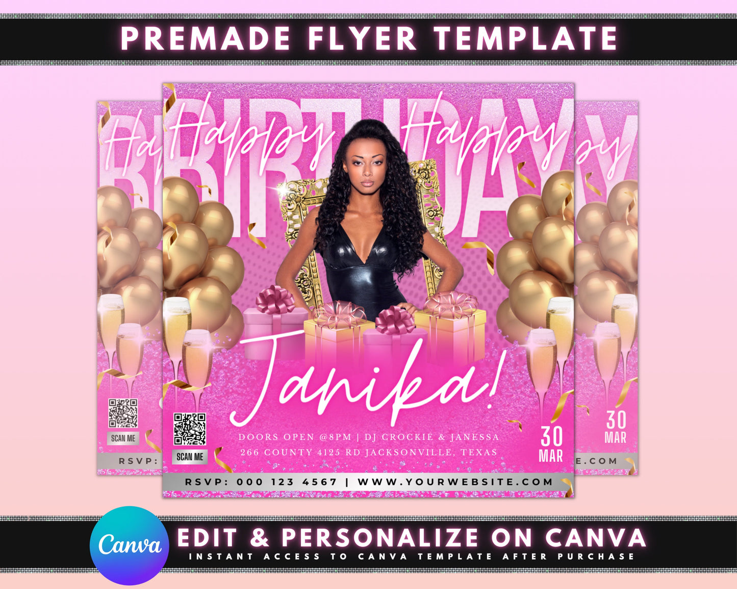 pink rose fuchsia magenta peachballoons confetti cake presents champagne drinks birthday hat glitter flowers birthday bash let&#39;s celebrate you&#39;re invited party time printable editable free download invitation