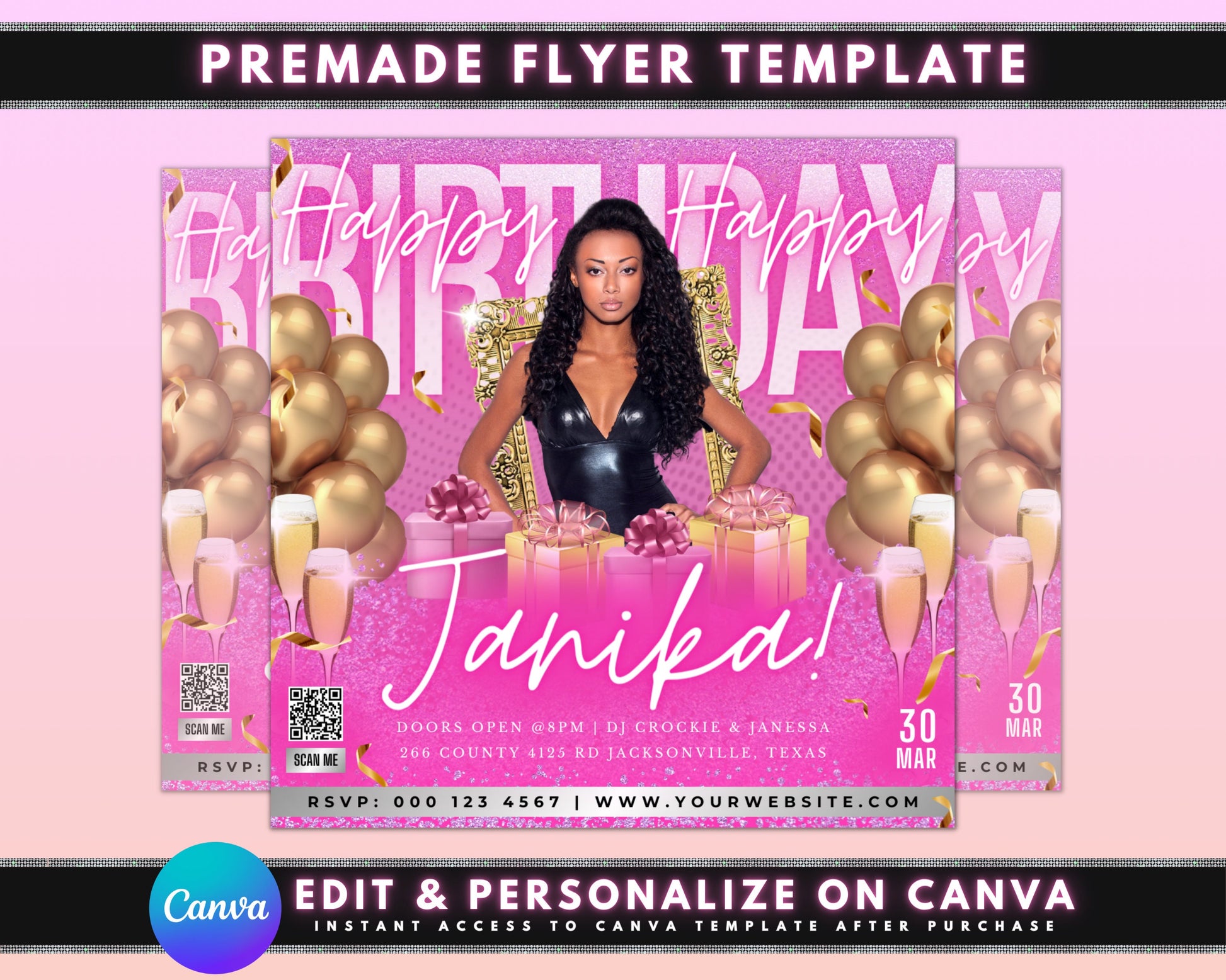 Pink Rose Fuchsia Magenta PeachBalloons Confetti Cake Presents Champagne Drinks Birthday Hat Glitter Flowers Birthday Bash Let&#39;s Celebrate You&#39;re Invited Party Time Printable Editable Free Download Invitation