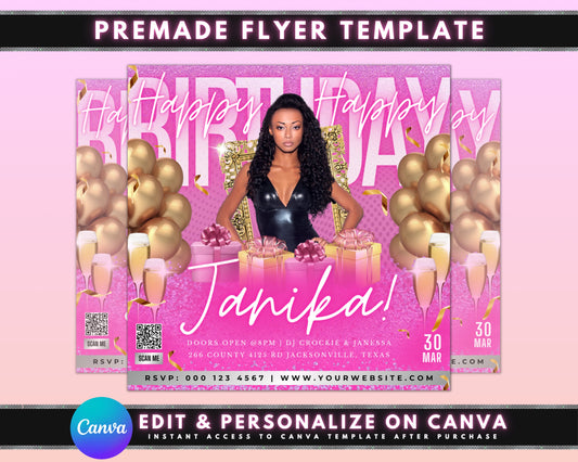 Pink Rose Fuchsia Magenta PeachBalloons Confetti Cake Presents Champagne Drinks Birthday Hat Glitter Flowers Birthday Bash Let&#39;s Celebrate You&#39;re Invited Party Time Printable Editable Free Download Invitation