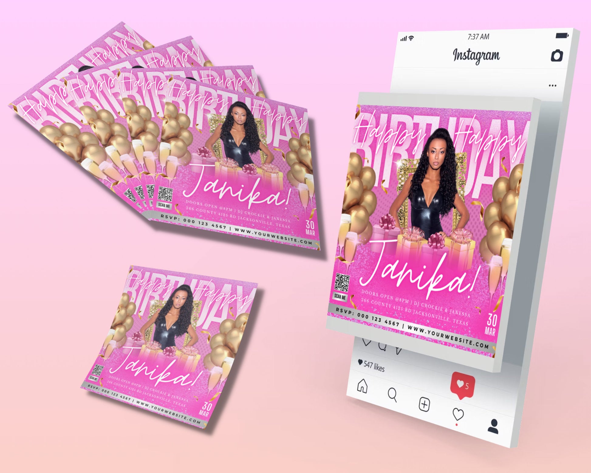 Pink Rose Fuchsia Magenta PeachBalloons Confetti Cake Presents Champagne Drinks Birthday Hat Glitter Flowers Birthday Bash Let&#39;s Celebrate You&#39;re Invited Party Time Printable Editable Free Download Invitation