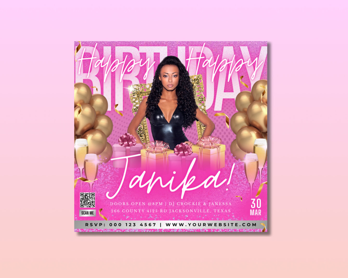 pink rose fuchsia magenta peachballoons confetti cake presents champagne drinks birthday hat glitter flowers birthday bash let&#39;s celebrate you&#39;re invited party time printable editable free download invitation