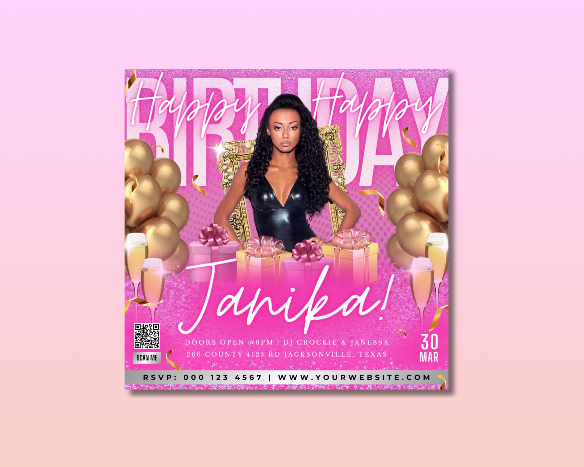 Pink Rose Fuchsia Magenta PeachBalloons Confetti Cake Presents Champagne Drinks Birthday Hat Glitter Flowers Birthday Bash Let&#39;s Celebrate You&#39;re Invited Party Time Printable Editable Free Download Invitation