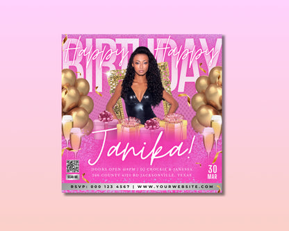 Pink Rose Fuchsia Magenta PeachBalloons Confetti Cake Presents Champagne Drinks Birthday Hat Glitter Flowers Birthday Bash Let&#39;s Celebrate You&#39;re Invited Party Time Printable Editable Free Download Invitation