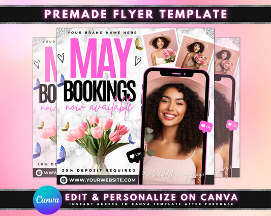 May Bookings Beauty Appointments Schedule Your Look Look Your Best in May Hair Appointments Makeup Appointments Facials Nails Waxing Lashes Skincare Limited Availability Book Now! Don&#39;t Miss Out Special Offers Calendar Layout