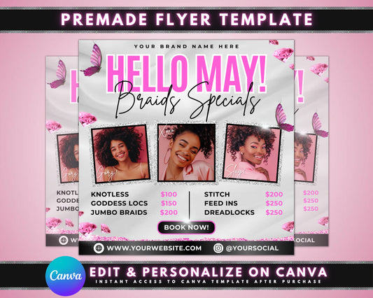 May Braids Specials Beauty Flyer Template Hair Salon Braids Hairstyles Spring Styles Box Braids Crochet Braids Cornrows Senegalese Twists Faux Locs Braid Extensions Updos Weaves Hair Care Mothers Day Special Appointments Recommended Walk-Ins Welcome