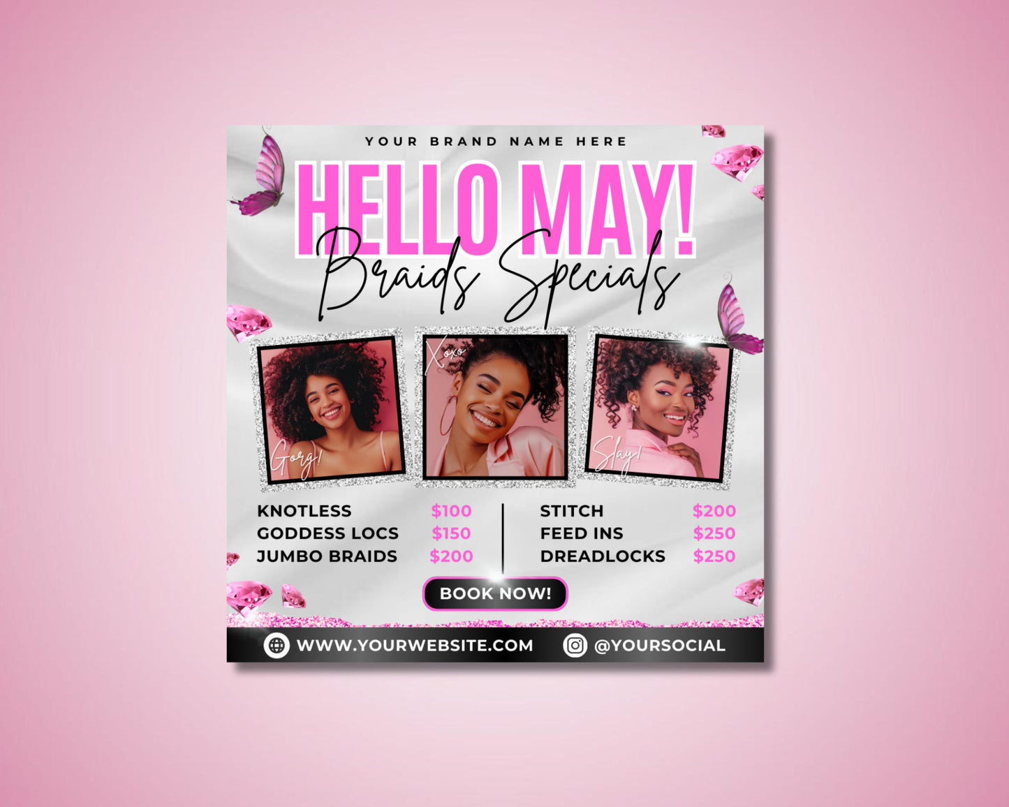 may braids specials beauty flyer template hair salon braids hairstyles spring styles box braids crochet braids cornrows senegalese twists faux locs braid extensions updos weaves hair care mothers day special appointments recommended walk-ins welcome