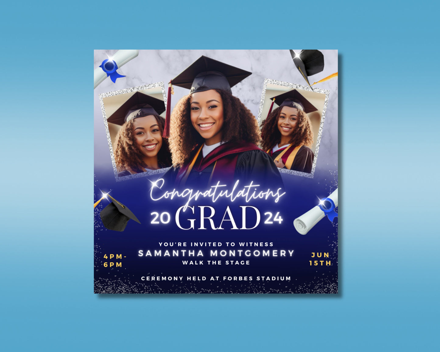 graduation 2024 ceremony invitation celebrate class of 2024 commencement ceremony date time location guest of honor graduation cap diploma confetti stage tassel school colors high school college university new beginnings proud graduate you did it!