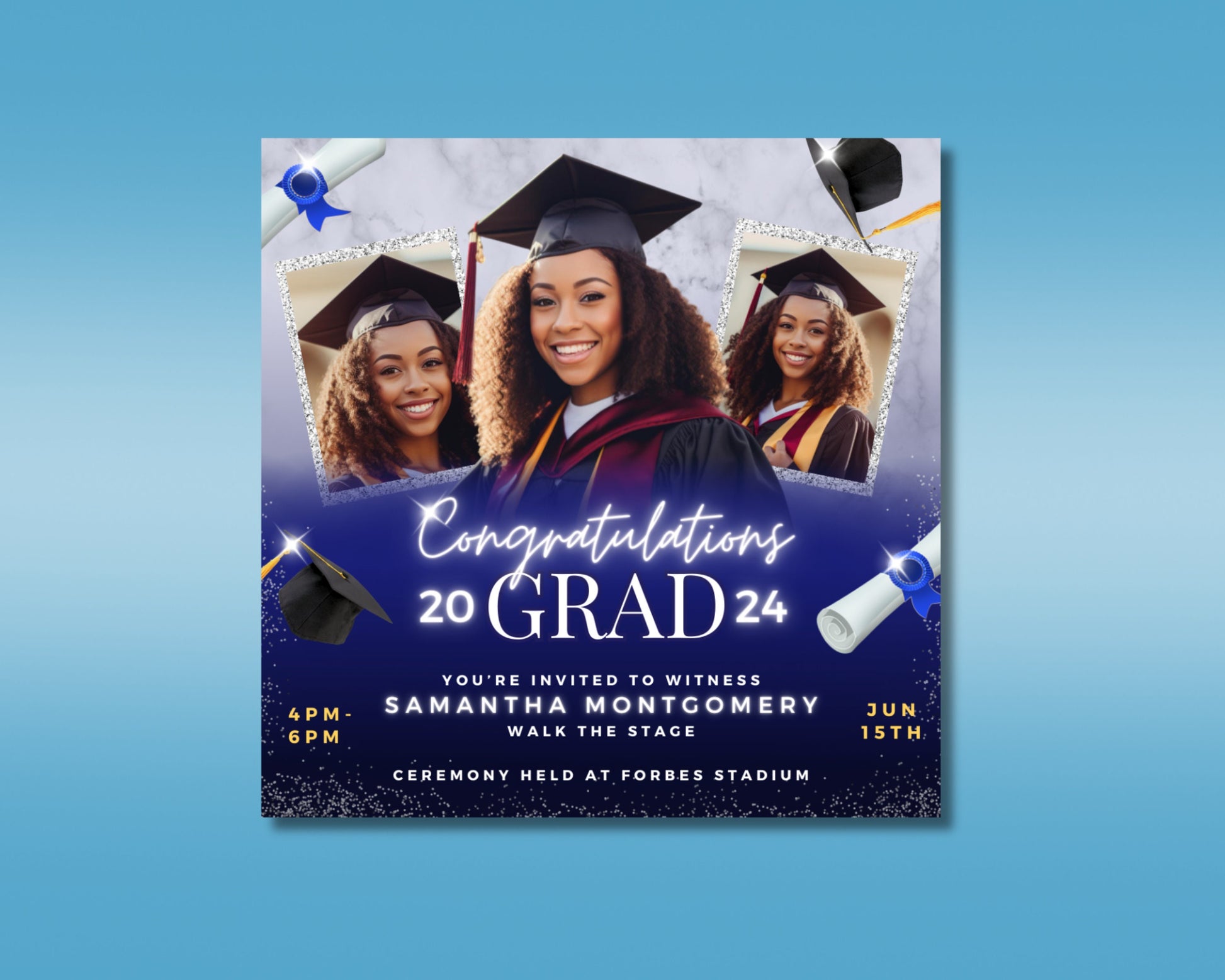 Graduation 2024 Ceremony Invitation Celebrate Class of 2024 Commencement Ceremony Date Time Location Guest of Honor Graduation cap Diploma Confetti Stage Tassel School colors High School College University New beginnings Proud graduate You did it!