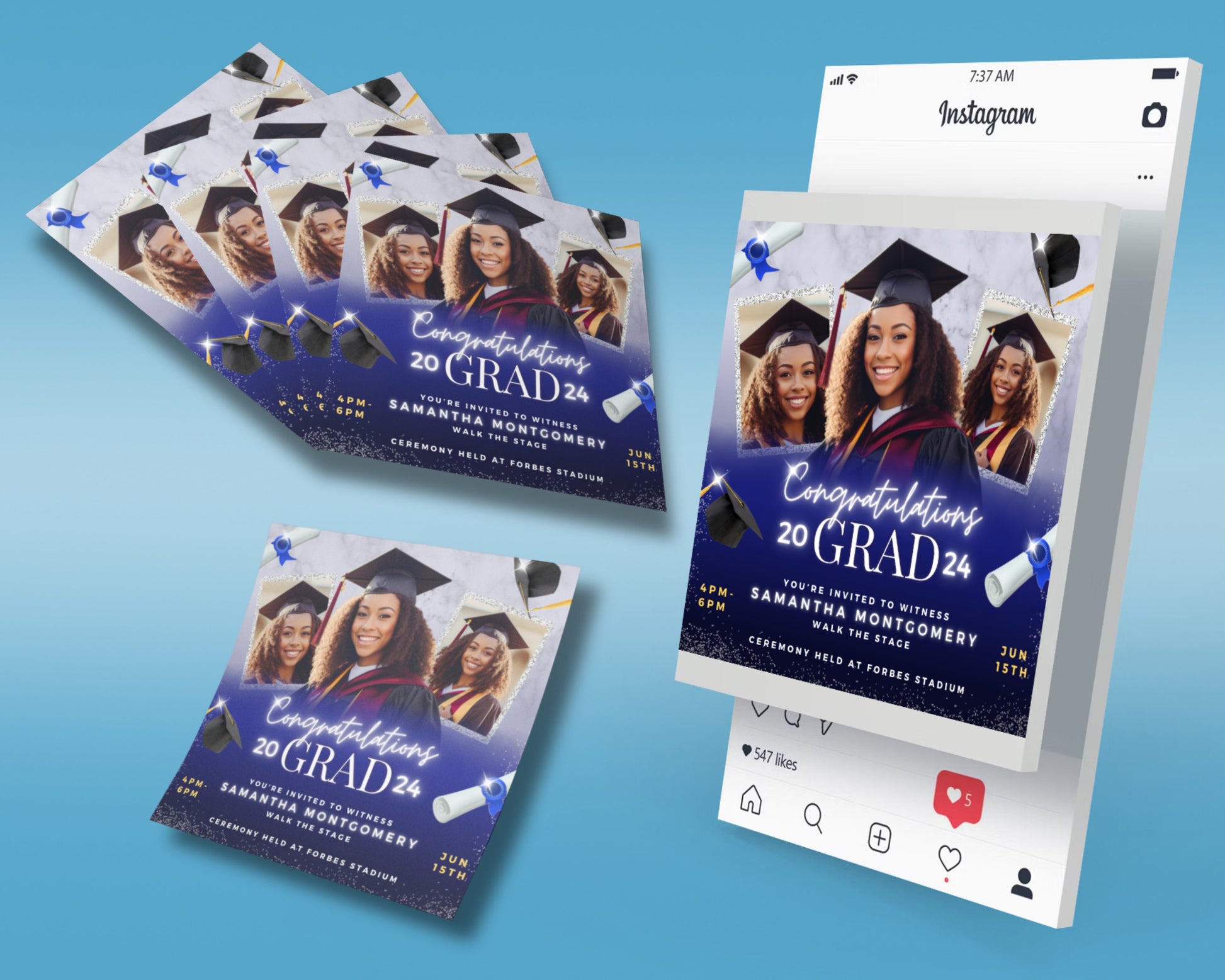 Graduation 2024 Ceremony Invitation Celebrate Class of 2024 Commencement Ceremony Date Time Location Guest of Honor Graduation cap Diploma Confetti Stage Tassel School colors High School College University New beginnings Proud graduate You did it!