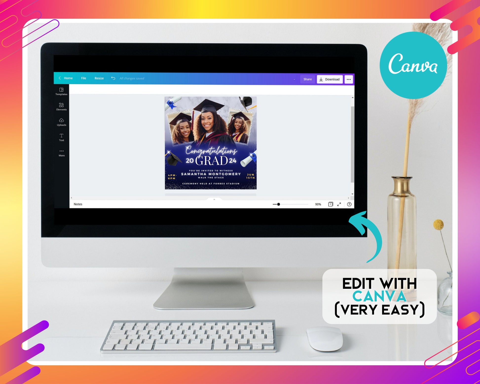 Graduation 2024 Ceremony Invitation Celebrate Class of 2024 Commencement Ceremony Date Time Location Guest of Honor Graduation cap Diploma Confetti Stage Tassel School colors High School College University New beginnings Proud graduate You did it!