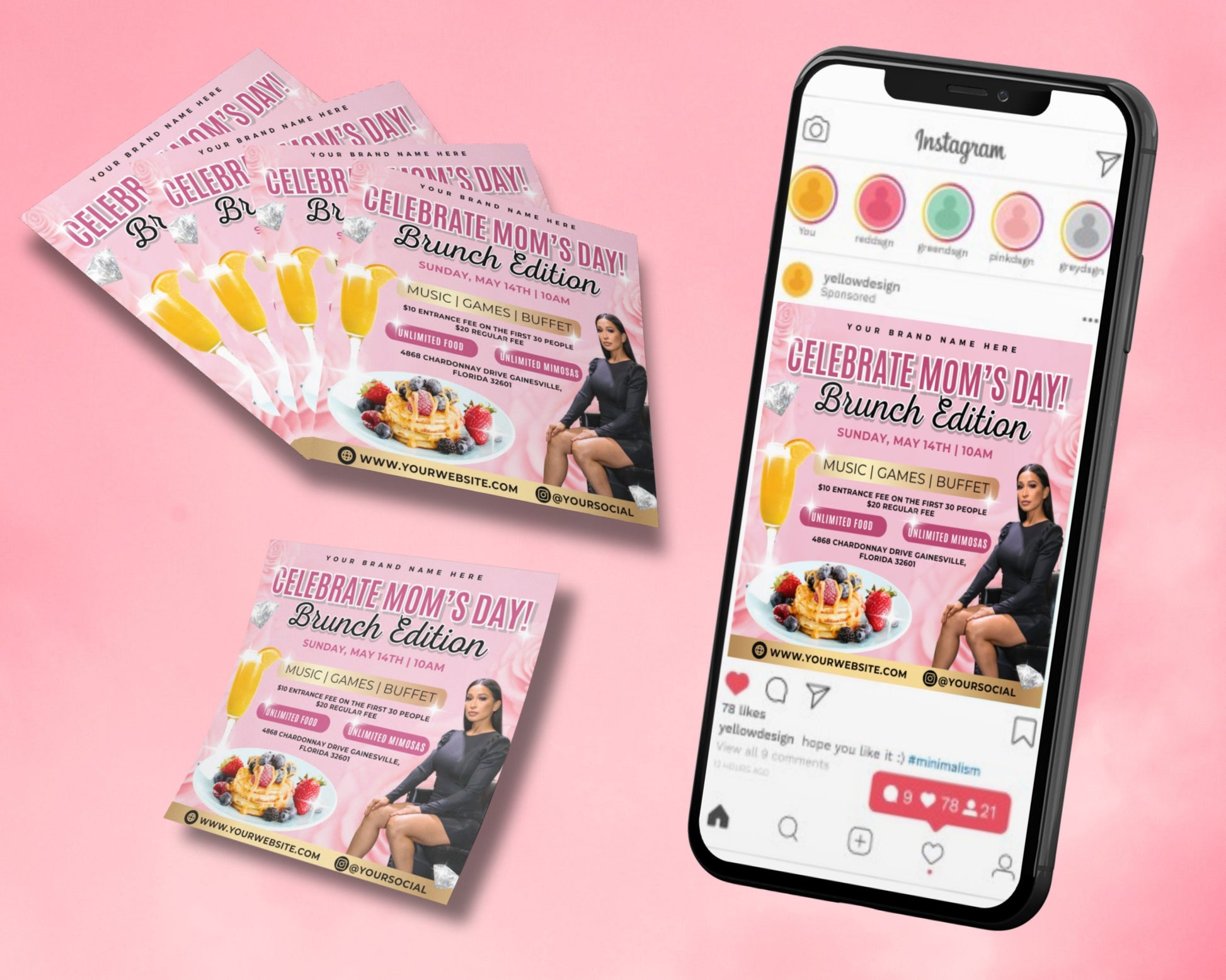 Mothers Day Brunch Celebrate Mom Mom Deserves the Best Treat Mom This Mother&#39;s Day Make Memories with Mom Family Fun Delicious Food Special Occasion Brunch with Mom Date Time Location Price Floral Spring Elegant Brunch Buffet Brunch Menu
