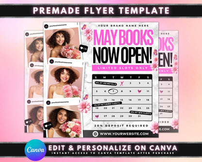 May Bookings Beauty Appointments Schedule Your Look Look Your Best in May Hair Appointments Makeup Appointments Facials Nails Waxing Lashes Skincare Limited Availability Book Now! Don&#39;t Miss Out Special Offers Calendar Layout