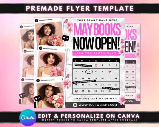 May Bookings Beauty Appointments Schedule Your Look Look Your Best in May Hair Appointments Makeup Appointments Facials Nails Waxing Lashes Skincare Limited Availability Book Now! Don&#39;t Miss Out Special Offers Calendar Layout