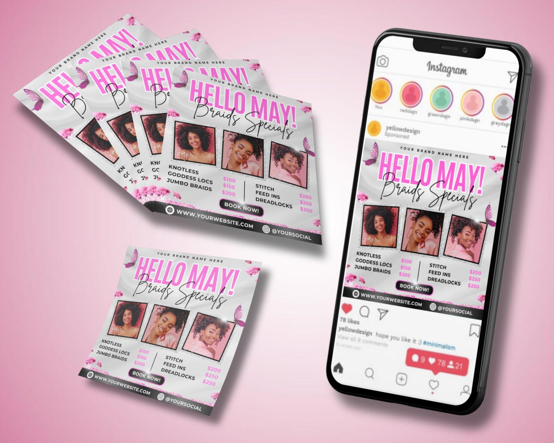 May Braids Specials Beauty Flyer Template Hair Salon Braids Hairstyles Spring Styles Box Braids Crochet Braids Cornrows Senegalese Twists Faux Locs Braid Extensions Updos Weaves Hair Care Mothers Day Special Appointments Recommended Walk-Ins Welcome