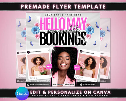 May Bookings Beauty Appointments Schedule Your Look Look Your Best in May Hair Appointments Makeup Appointments Facials Nails Waxing Lashes Skincare Limited Availability Book Now! Don&#39;t Miss Out Special Offers Calendar Layout