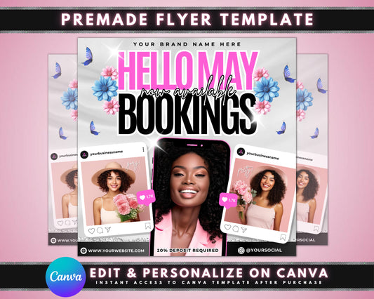 May Bookings Beauty Appointments Schedule Your Look Look Your Best in May Hair Appointments Makeup Appointments Facials Nails Waxing Lashes Skincare Limited Availability Book Now! Don&#39;t Miss Out Special Offers Calendar Layout