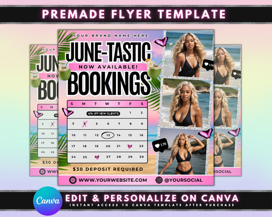 June Bookings Summer Beauty Appointments Schedule Your Look Look Your Best in June Hair Appointments Makeup Appointments Facials Hair Braids Nails Waxing Lashes Skincare Limited Availability Book Now! Don&#39;t Miss Out Special Offers Calendar Layout
