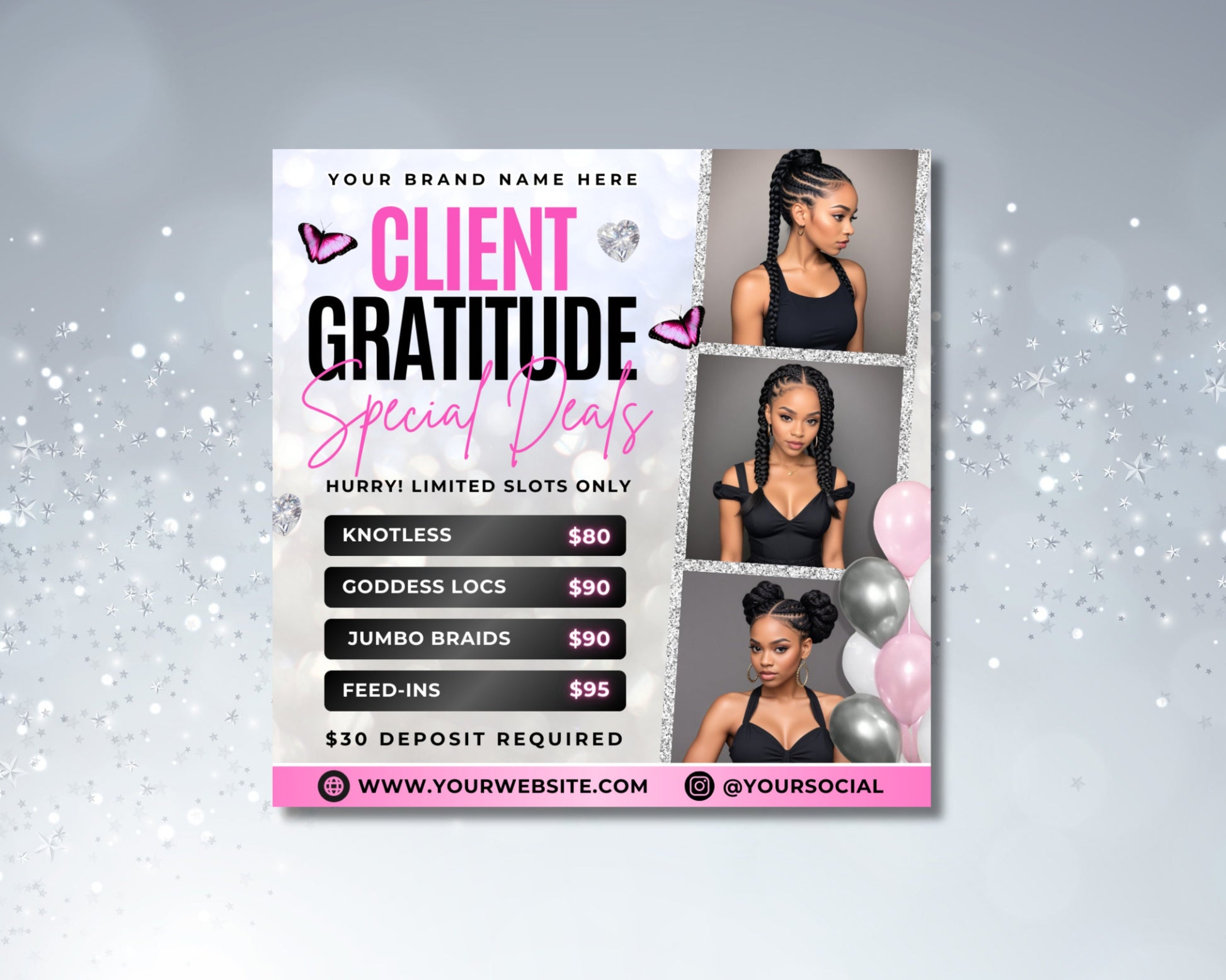 Client Appreciation Thank You You Are Valued Because You Deserve It Special Offers Exclusive Deals Haircut & Style Makeup Application Skincare Treatments Facials Massages Waxing Lashes Brows Nails Braids Braids Sale Knotless Jumbo Braids Deals