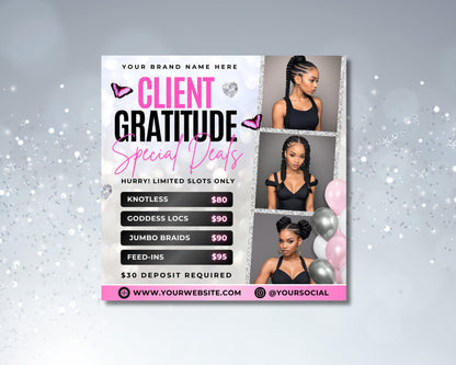 Client Appreciation Thank You You Are Valued Because You Deserve It Special Offers Exclusive Deals Haircut & Style Makeup Application Skincare Treatments Facials Massages Waxing Lashes Brows Nails Braids Braids Sale Knotless Jumbo Braids Deals