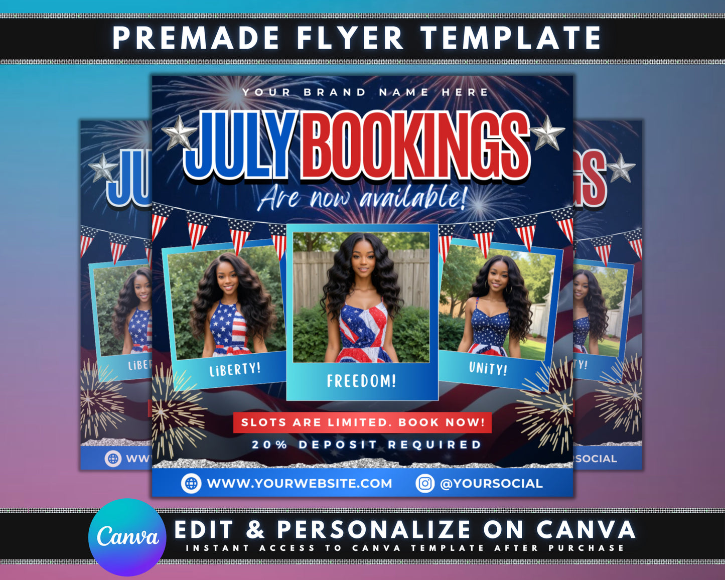 fourth of july bookings independence day special beauty treatments summer glow up celebrate with great hair & nails haircuts & styling manicures & pedicures facials & skincare makeup application waxing & hair removal discounts & promotions