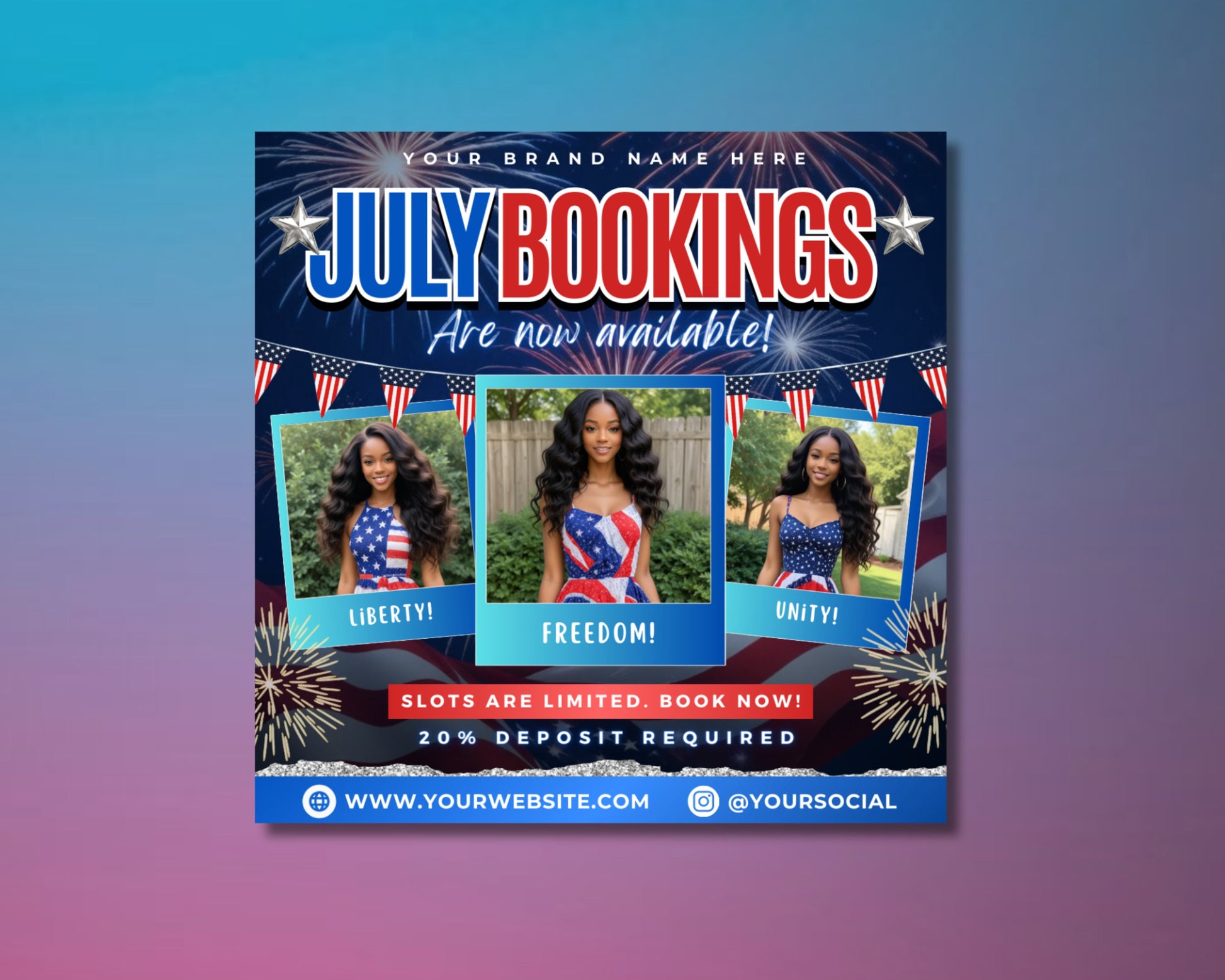 Fourth of July Bookings Independence Day Special Beauty Treatments Summer Glow Up Celebrate with Great Hair & Nails Haircuts & Styling Manicures & Pedicures Facials & Skincare Makeup Application Waxing & Hair Removal Discounts & Promotions