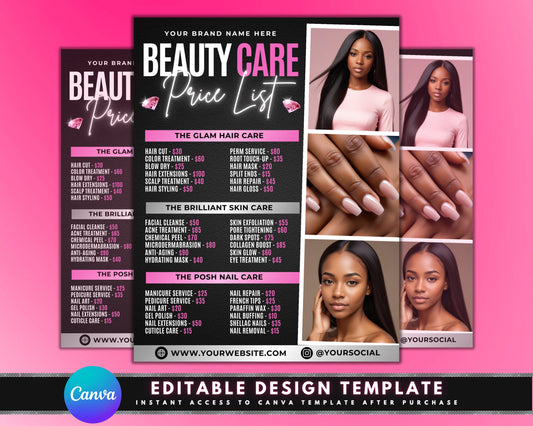 Beauty Salon Spa Services Price List Template Hair Services Nail Services Skin Care Massage Men&#39;s Services Women&#39;s Services Packages Treatments Facials Waxing Eyebrow Services Lashes Makeup Application Massage Body Treatments Haircut Hairstyling