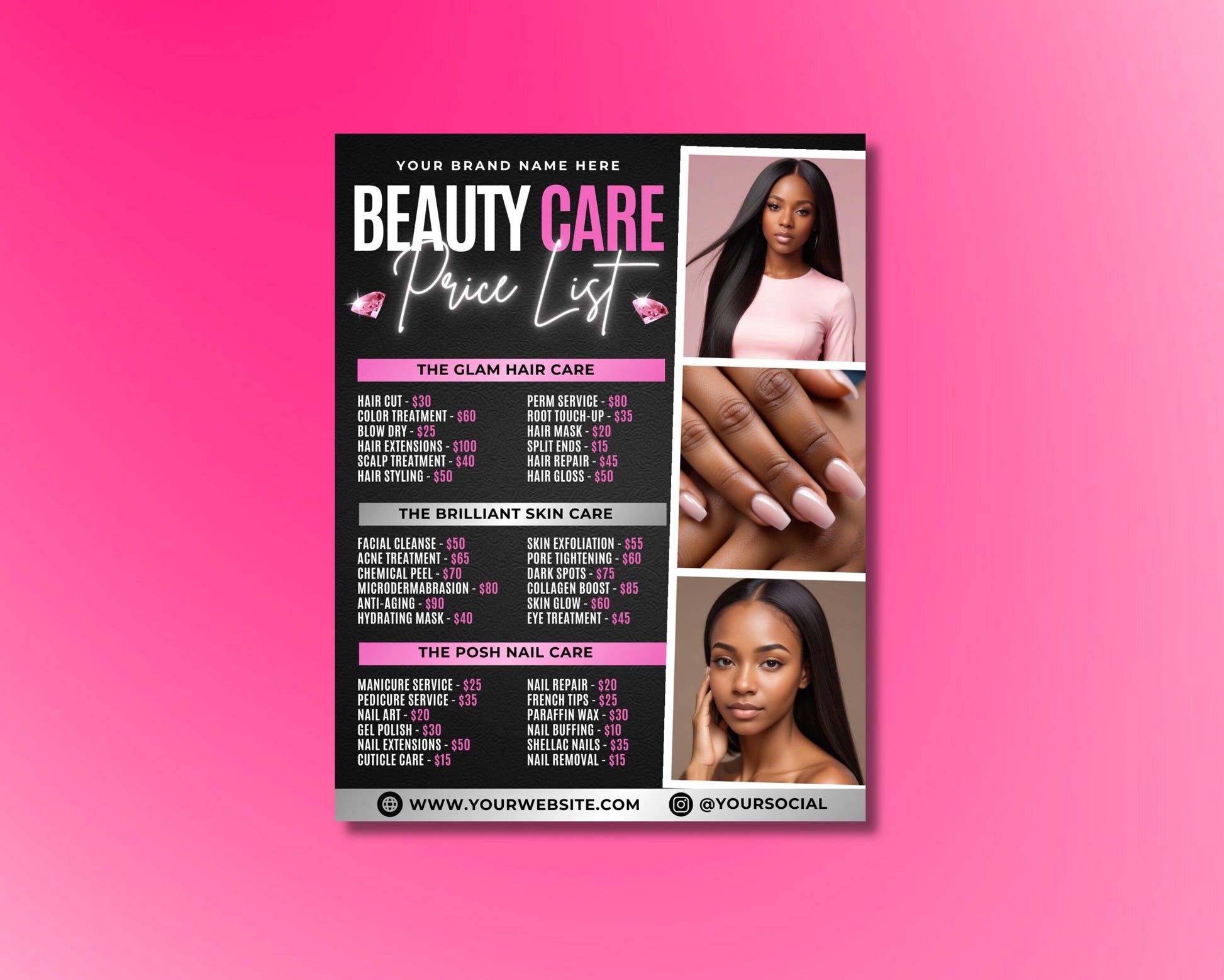 Beauty Salon Spa Services Price List Template Hair Services Nail Services Skin Care Massage Men&#39;s Services Women&#39;s Services Packages Treatments Facials Waxing Eyebrow Services Lashes Makeup Application Massage Body Treatments Haircut Hairstyling