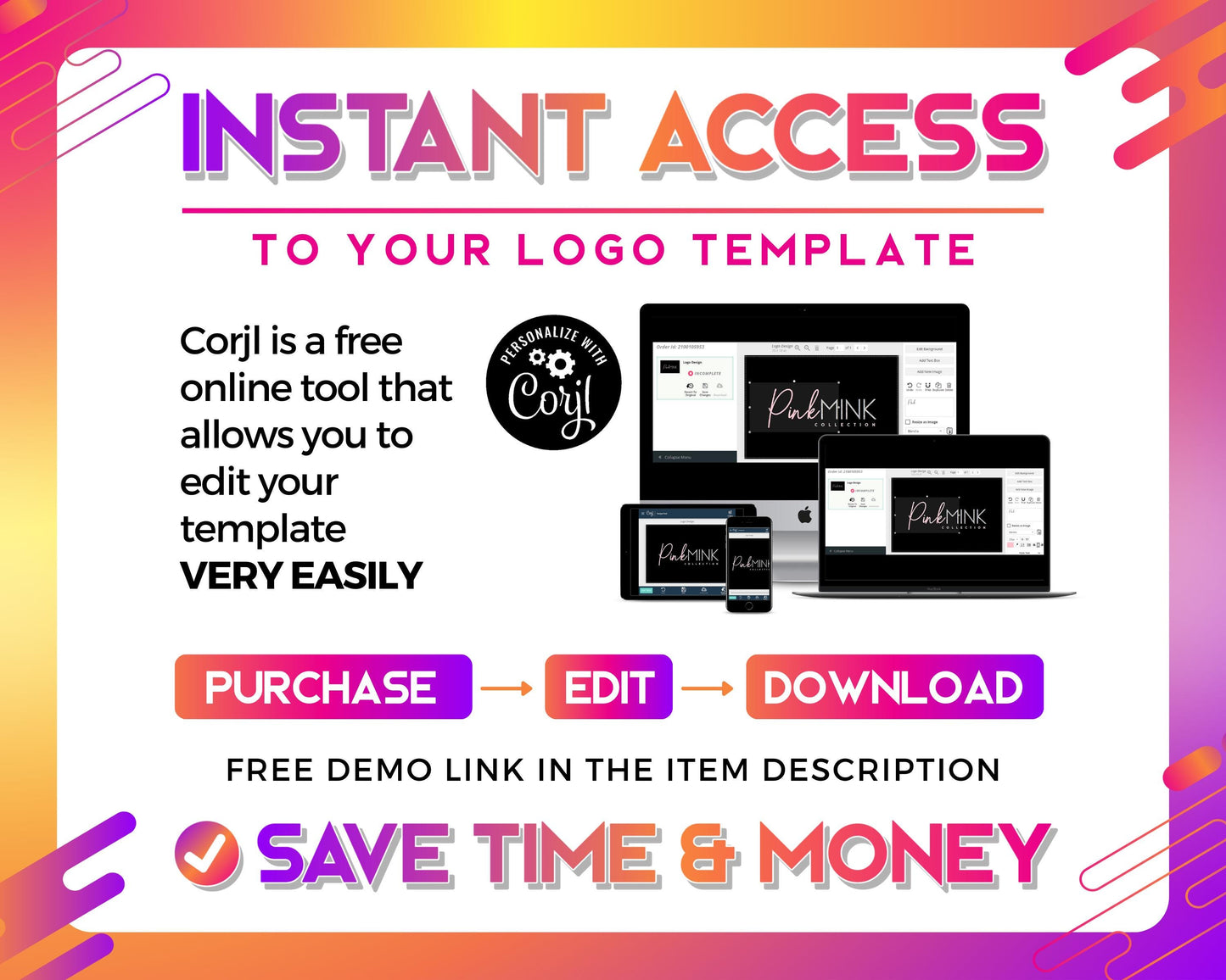 editable logo template corjl, pink glam business logo design, modern luxury brand logo, customizable logo set for small business owners