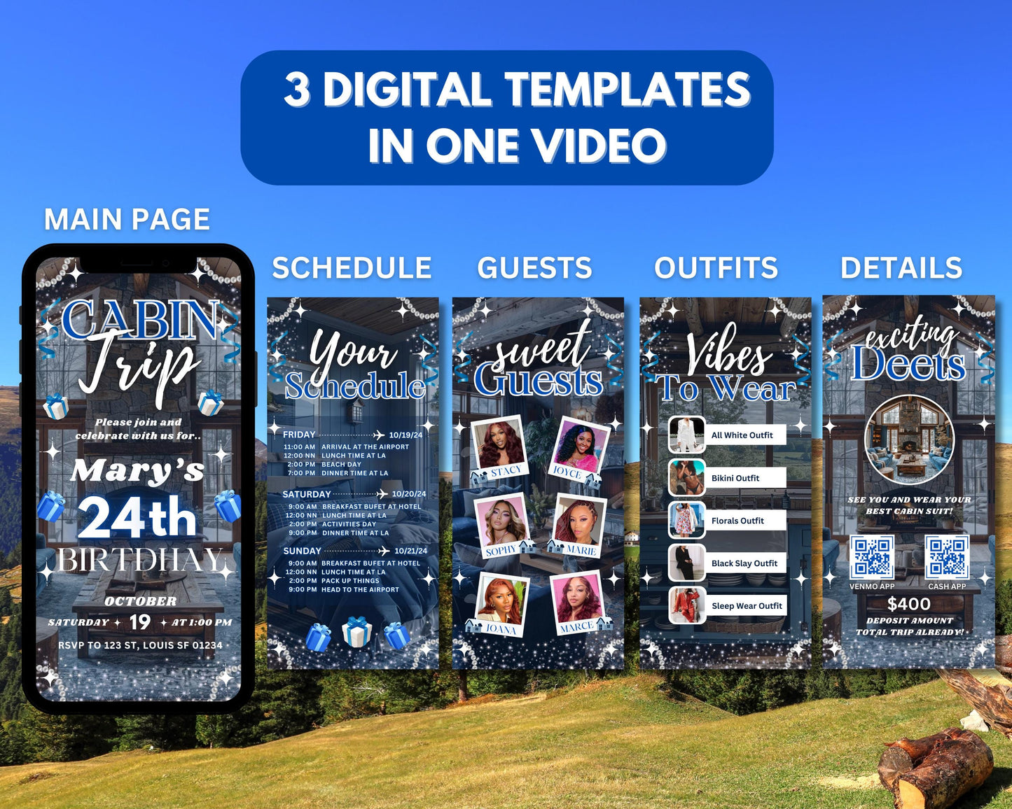 cabin trip girls weekend birthday party itinerary invitation adventure nature friendship cabin getaway weekend retreat hiking camping bonfire smores games relaxing bonding join us celebrate escape recharge fun filled weekend