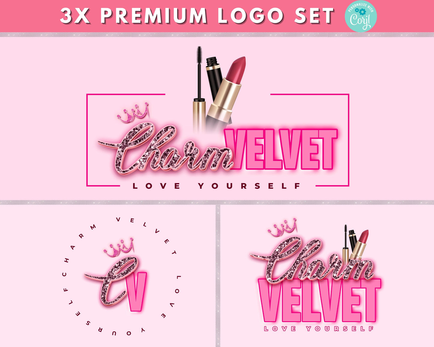 beauty
feminine
chic
glow
wellness
skincare
cosmetics
sophisticated
pink aesthetic
crown logo
glamorous glitter
feminine typography
bold and elegant text
love yourself slogan
beauty brand design
glossy accents
premium logo set
modern girly branding