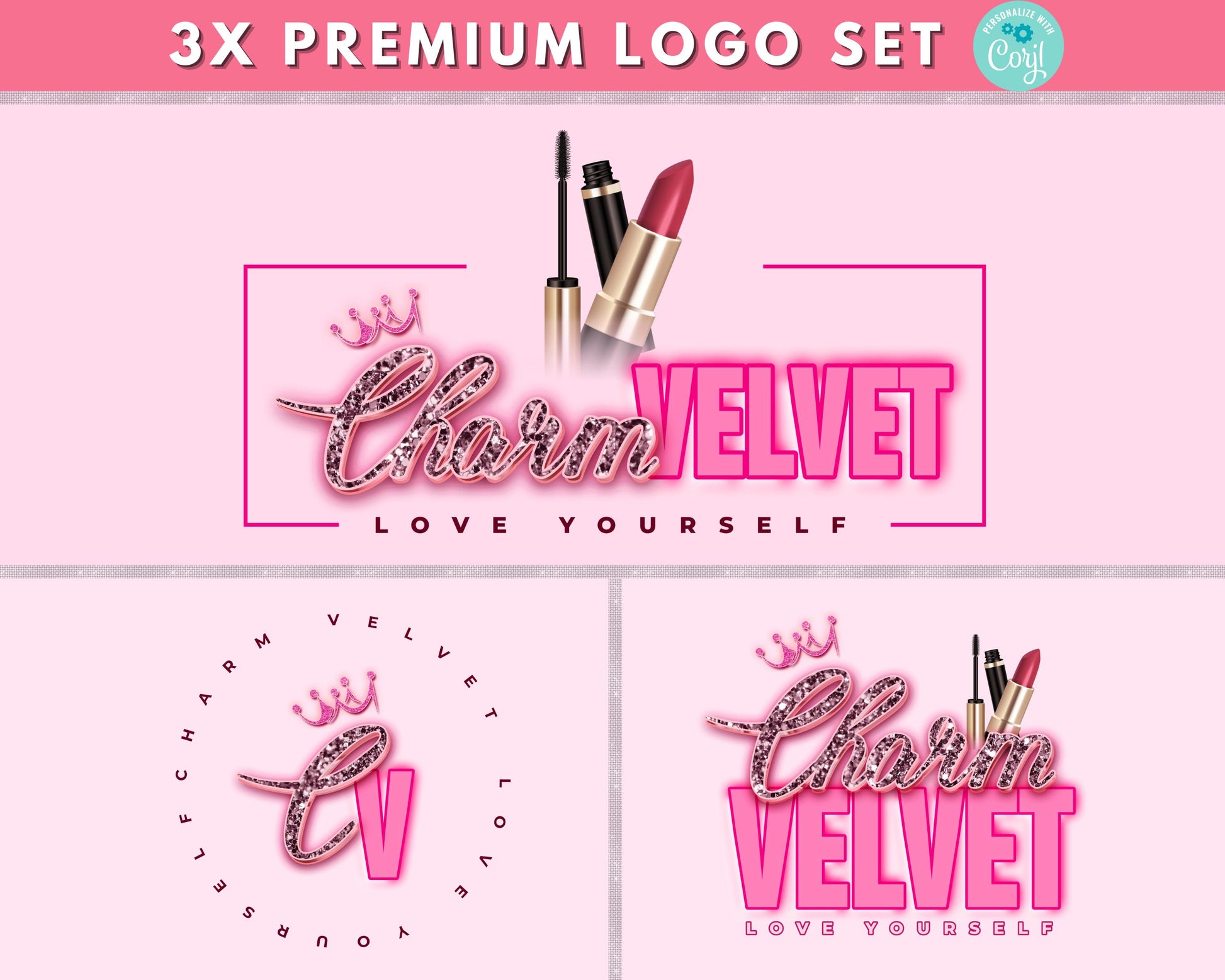 Beauty
Feminine
Chic
Glow
Wellness
Skincare
Cosmetics
Sophisticated
Pink aesthetic
Crown logo
Glamorous glitter
Feminine typography
Bold and elegant text
Love yourself slogan
Beauty brand design
Glossy accents
Premium logo set
Modern girly branding