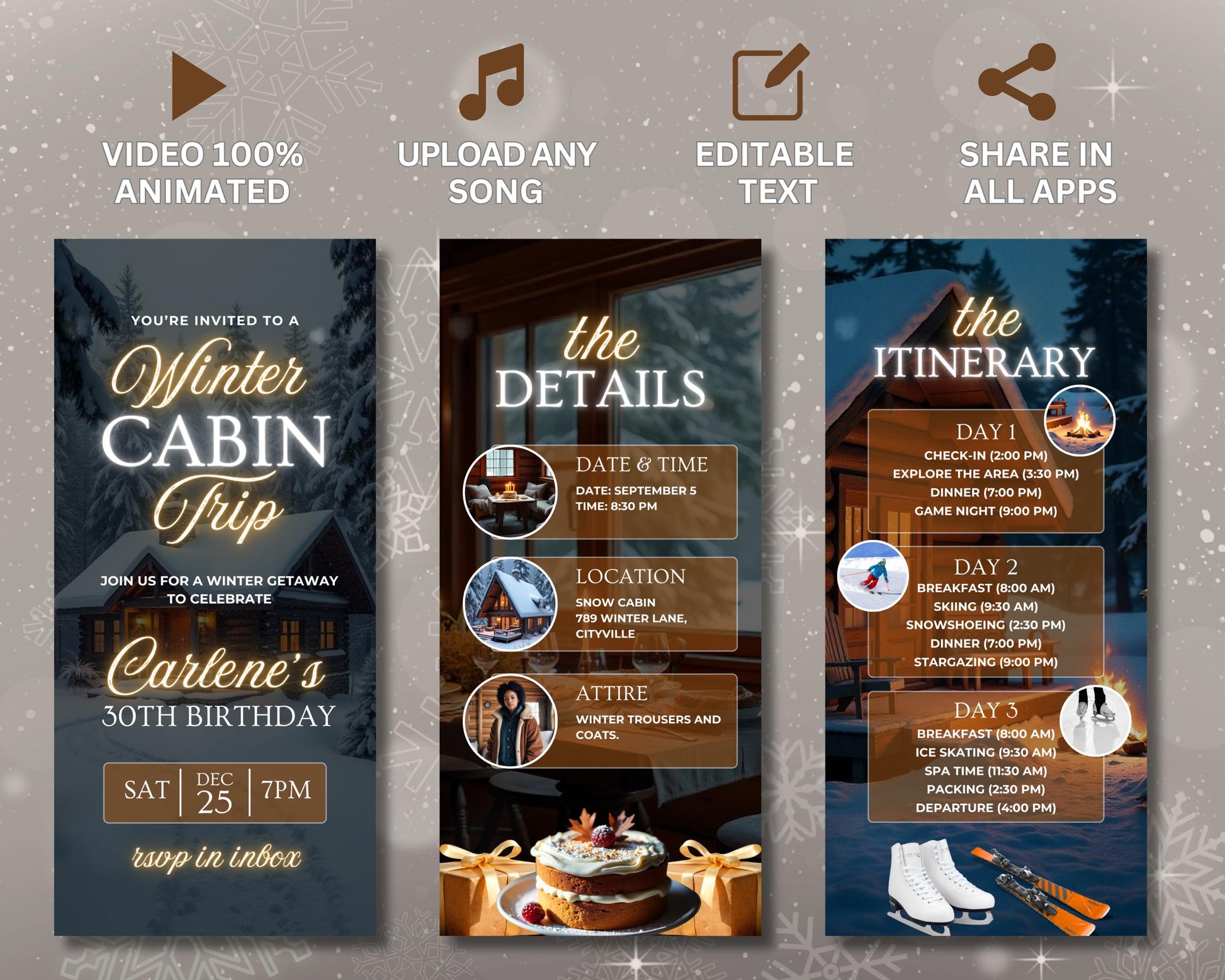 Winter cabin trip
Animated cabin
Winter
Snowy vacation
Cozy cabin
Winter getaway
Christmas cabin
Winter wonderland
Winter escape
Mountain cabin
Forest cabin
Log cabin
Snowfall
Fireplace
Family vacation
Romantic getaway
Friends trip
Relaxation
