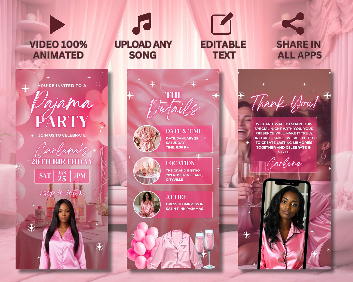 pajama party
women birthday party
girls night in
sleepover
birthday bash
animation
animated templates
digital invites
social media graphics
party decorations
cute pajamas
girly designs
floral patterns
glitter & sparkle
pastel colors