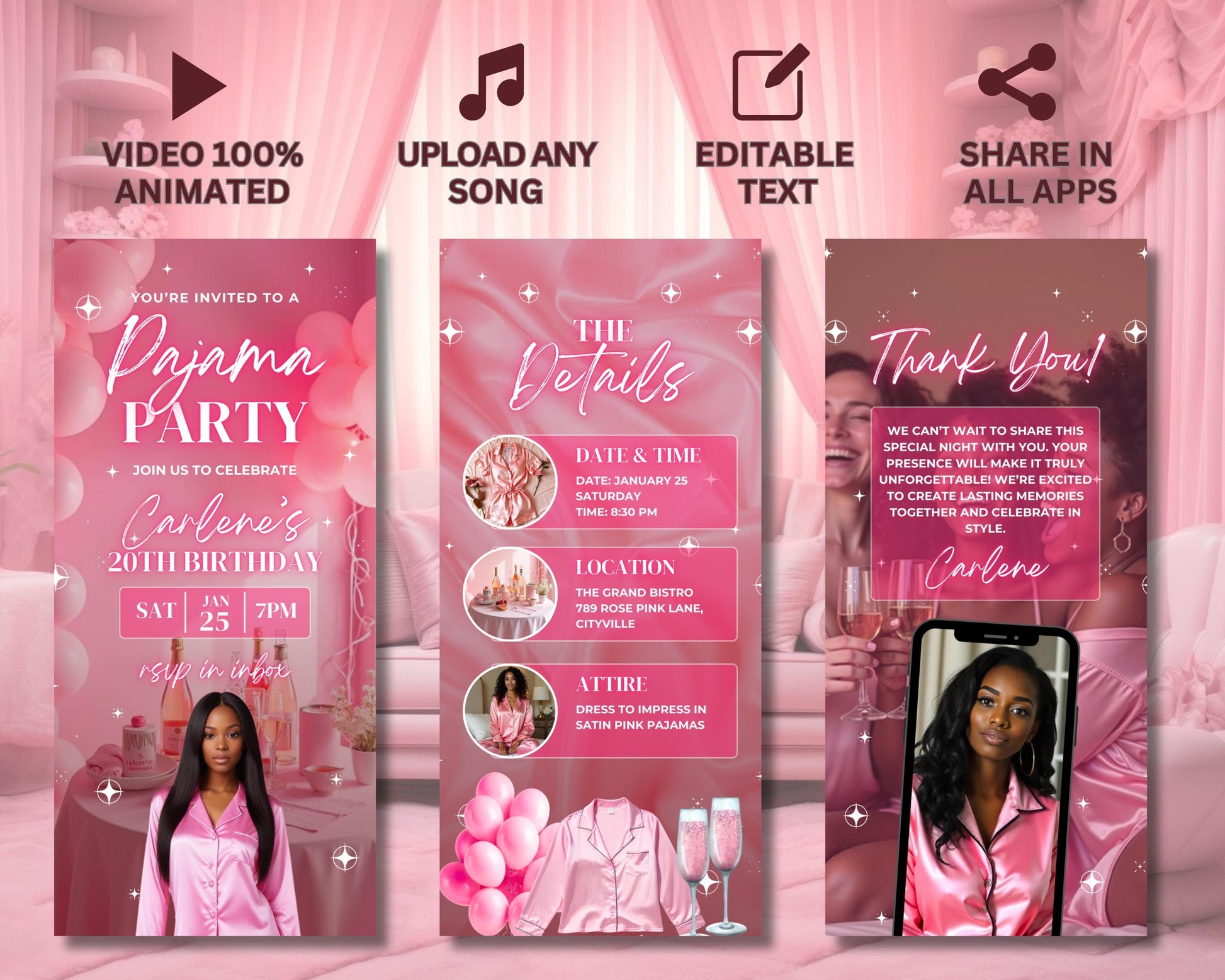 Pajama Party
Women Birthday Party
Girls Night In
Sleepover
Birthday Bash
Animation
Animated Templates
Digital Invites
Social Media Graphics
Party Decorations
Cute Pajamas
Girly Designs
Floral Patterns
Glitter & Sparkle
Pastel Colors