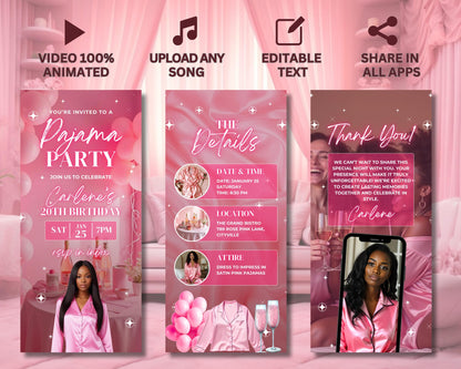 Pajama Party
Women Birthday Party
Girls Night In
Sleepover
Birthday Bash
Animation
Animated Templates
Digital Invites
Social Media Graphics
Party Decorations
Cute Pajamas
Girly Designs
Floral Patterns
Glitter & Sparkle
Pastel Colors