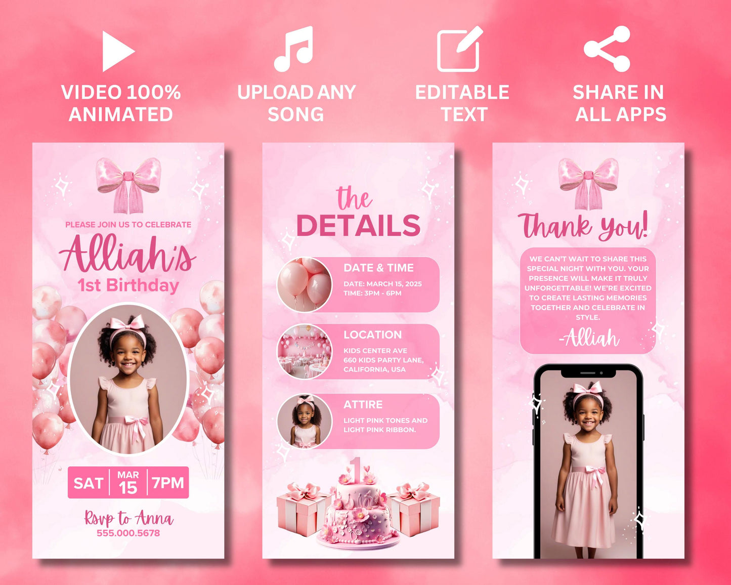 baby girl 1st birthday video invites
animated birthday invites
1st birthday video templates
baby girl party video
animated invites
easy to customize
professional look
babys 1st birthday video
digital birthday invitation
animated party invitation