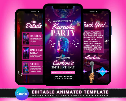 Karaoke night
Invitation
Video invitation
Animated invitation
E-invite
Digital invite
Party
Event
Music
Singing
Social
Microphone
Music notes
Karaoke stage
Dancing
Singing
Live music
Party lights
Drinks
Food
Join us
Sing along
Night out
Good times