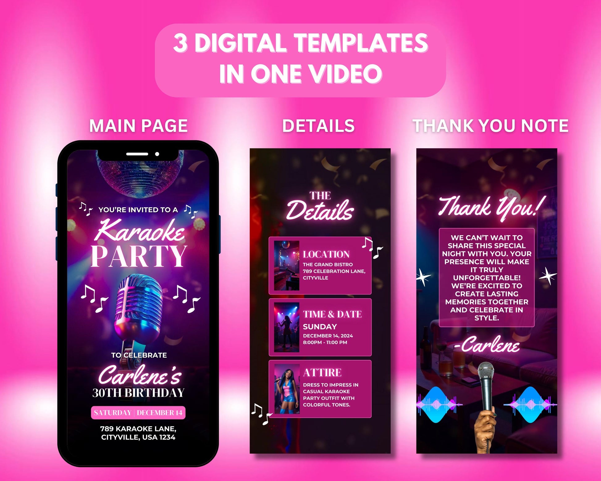 Karaoke night
Invitation
Video invitation
Animated invitation
E-invite
Digital invite
Party
Event
Music
Singing
Social
Microphone
Music notes
Karaoke stage
Dancing
Singing
Live music
Party lights
Drinks
Food
Join us
Sing along
Night out
Good times