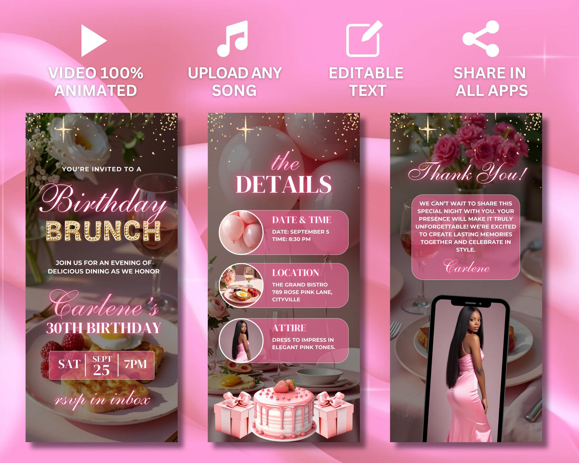 Birthday
Brunch
Party
Invitation
Invite
Animated
Video
E-invite
Digital
Celebration
Event
RSVP
Brunch foods
Mimosas
Pancakes
Waffles
Eggs
Bacon
Fruit
Coffee
Tea
Birthday cake
Balloons
Streamers
Decorations
Gifts
Friends
Family
Fun times