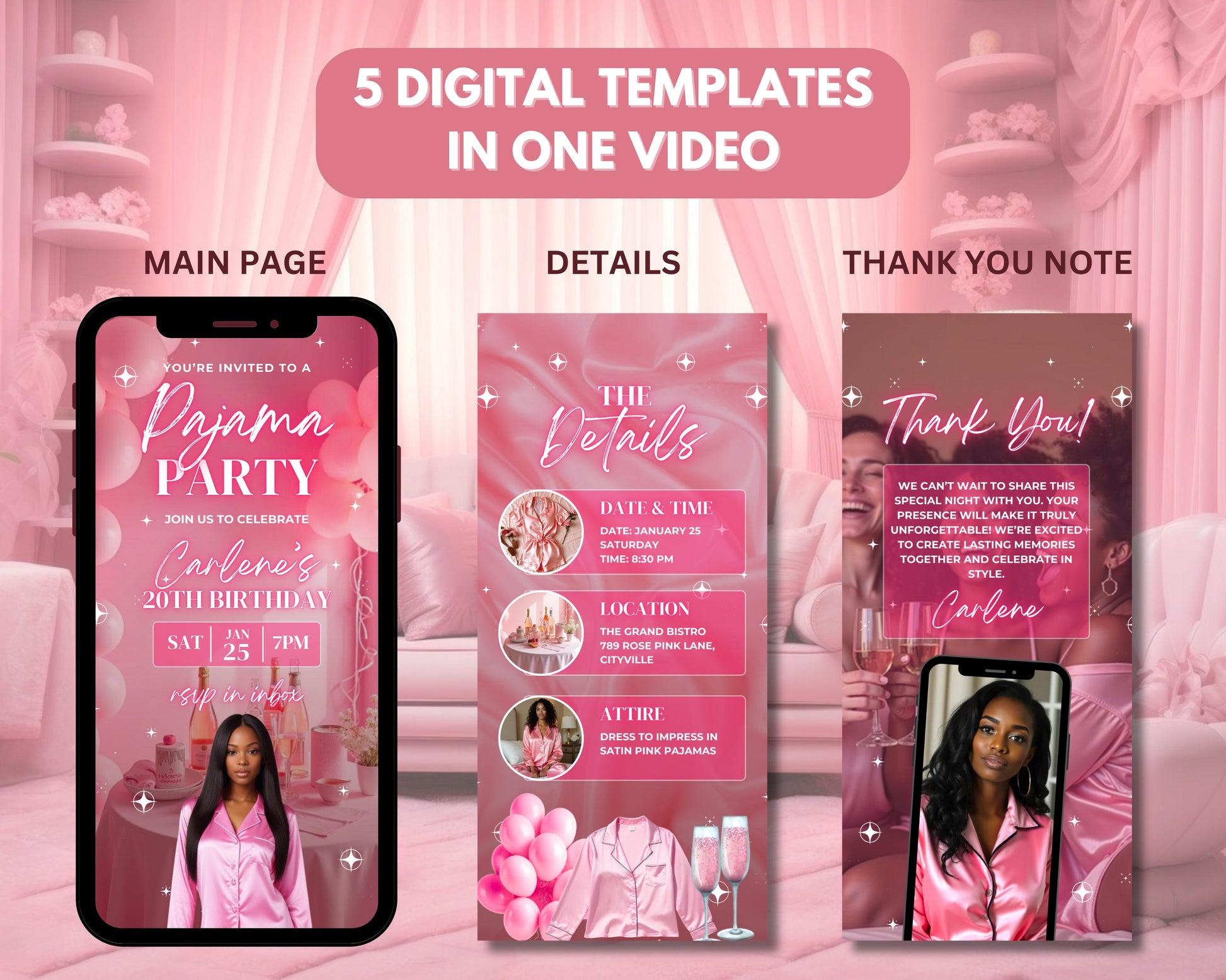 Pajama Party
Women Birthday Party
Girls Night In
Sleepover
Birthday Bash
Animation
Animated Templates
Digital Invites
Social Media Graphics
Party Decorations
Cute Pajamas
Girly Designs
Floral Patterns
Glitter & Sparkle
Pastel Colors