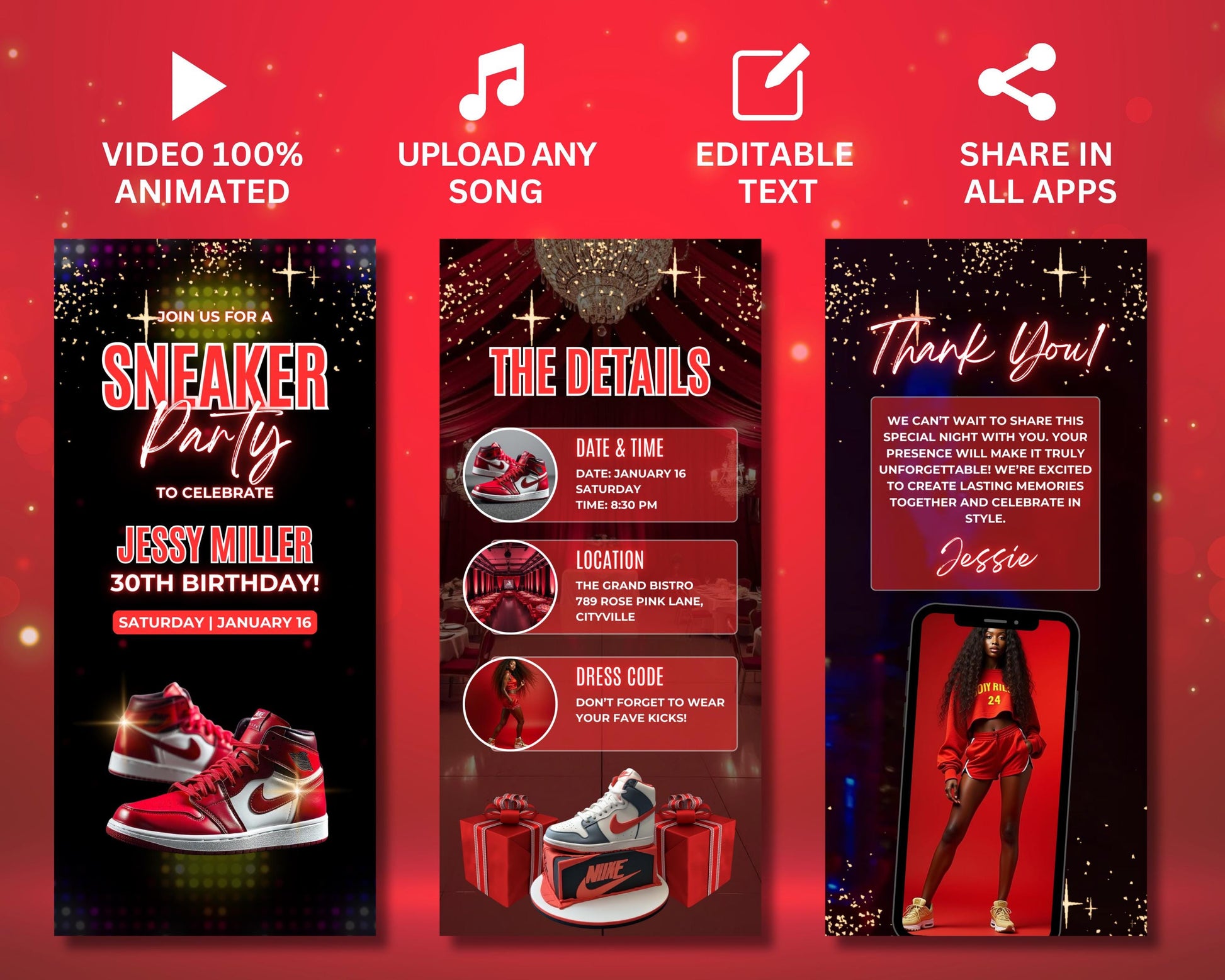 Sneaker Party
Sneaker Bash
Sneaker Soiree
Kick It Up
Sole Mates
Sneakerheads Unite
Lace Up the Fun
Step Into My Party
Sneaker Style
Sneaker Fever
Birthday celebration
Birthday Party
Animated Invitation
Kicks Party