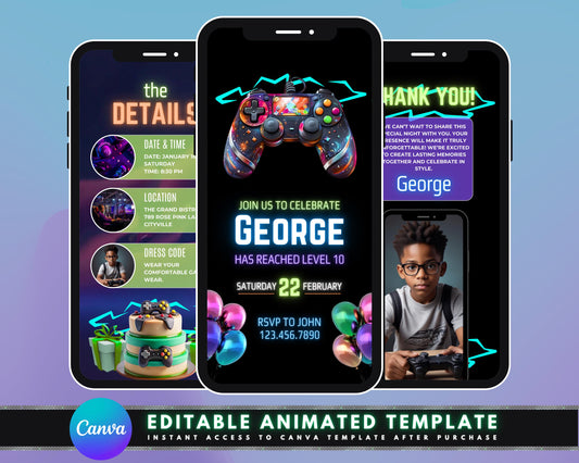 Video Game Birthday
Animated Invite
Birthday Invitation
Gaming Party
Level Up Your Birthday
Game On!
Gamer Birthday
Arcade
RPG
Adventure
Platformer
Shooter
Fantasy
Sci-Fi
Kids
Teens
Adults
Animated Invite
Gamer
Player
Motion Graphics
Customizable