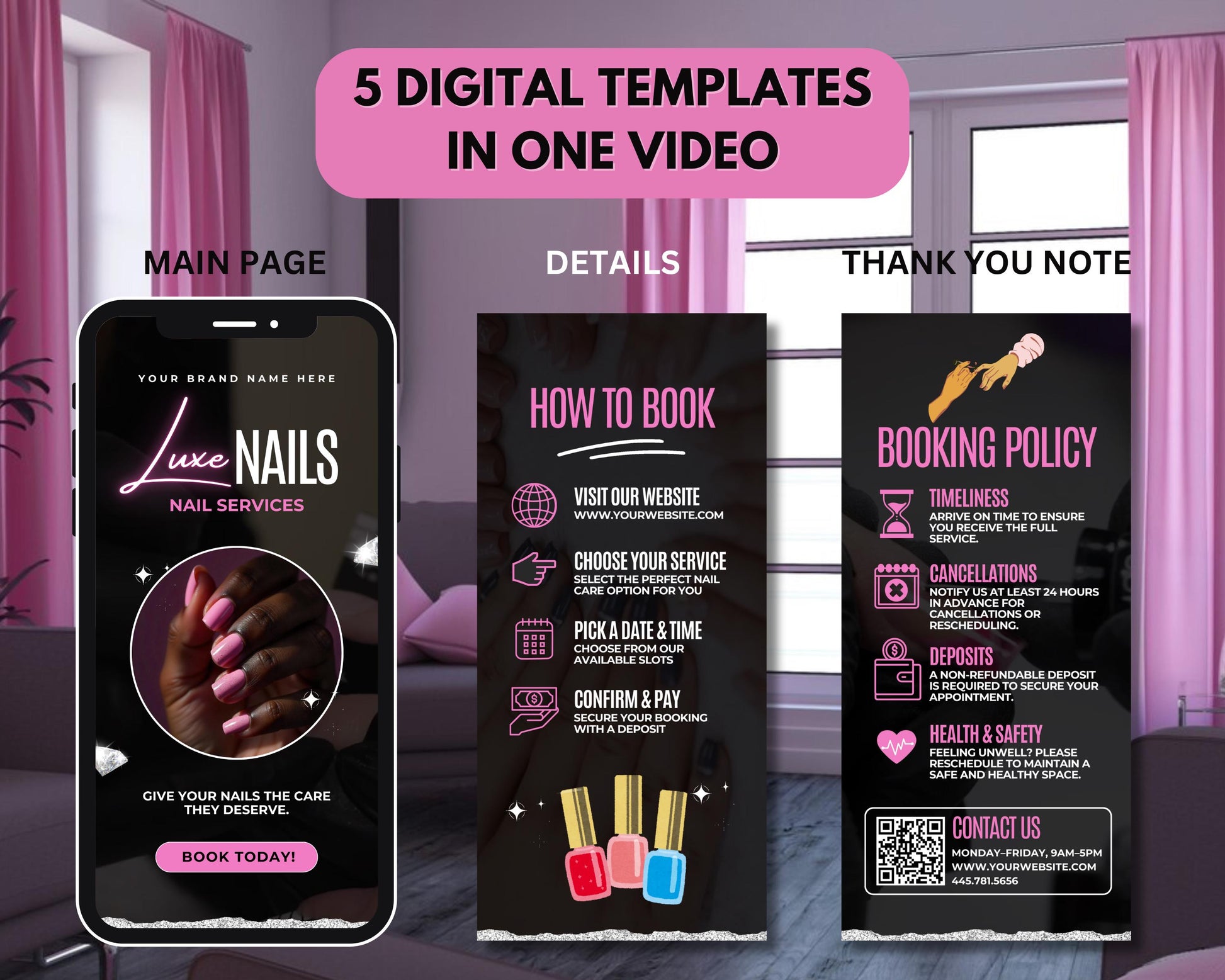 Nail salon
Nail art
Manicure
Pedicure
Nail services
Beauty salon
Spa day
Pamper
Self-care
Relaxation
Appointment booking
Online booking
Schedule now
Book now
Reserve your spot
Beauty
Nails
Nail design
Gel Acrylic nails
Marketing Promotional video