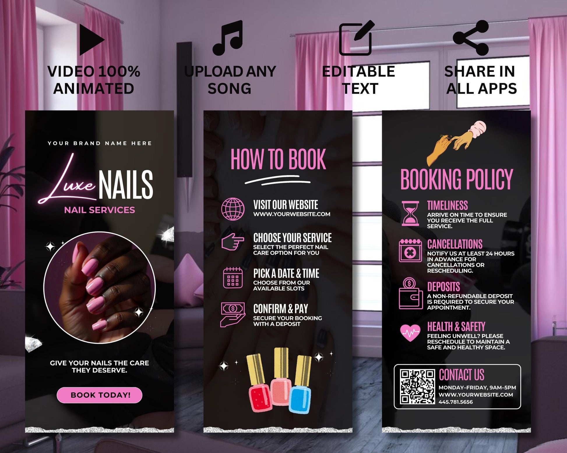 Nail salon
Nail art
Manicure
Pedicure
Nail services
Beauty salon
Spa day
Pamper
Self-care
Relaxation
Appointment booking
Online booking
Schedule now
Book now
Reserve your spot
Beauty
Nails
Nail design
Gel Acrylic nails
Marketing Promotional video