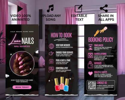Nail salon
Nail art
Manicure
Pedicure
Nail services
Beauty salon
Spa day
Pamper
Self-care
Relaxation
Appointment booking
Online booking
Schedule now
Book now
Reserve your spot
Beauty
Nails
Nail design
Gel Acrylic nails
Marketing Promotional video