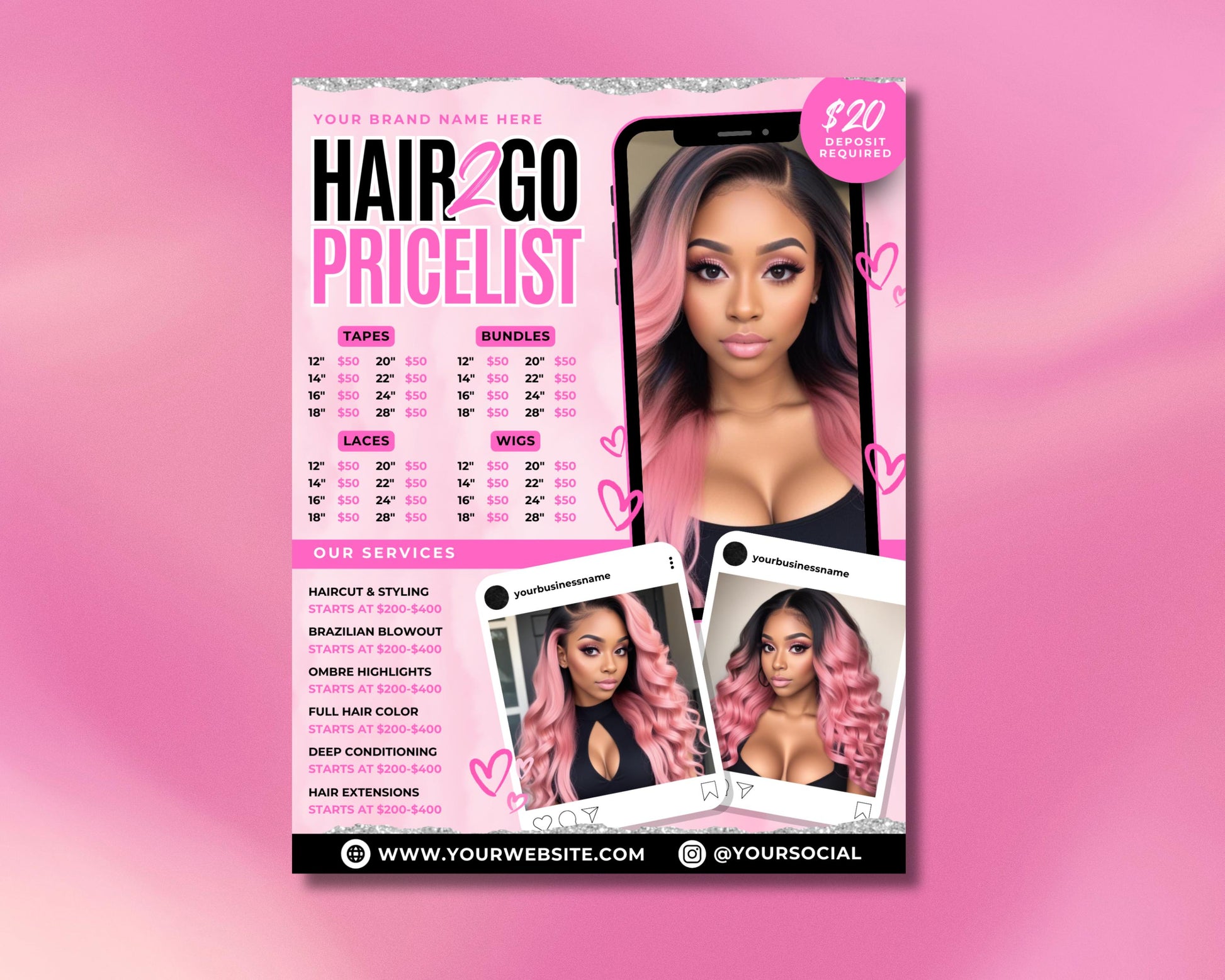 Hair Pricelist
Hair Styling
Beauty Salon
Hair Services
Price List Template
Hair Services
Nail Services
Skin Care
Hair Extensions Price
Treatments
Facials
Waxing
Eyebrow Services
Lashes
Makeup Application
Massage
Body Treatments
Haircut
Hairstyling
