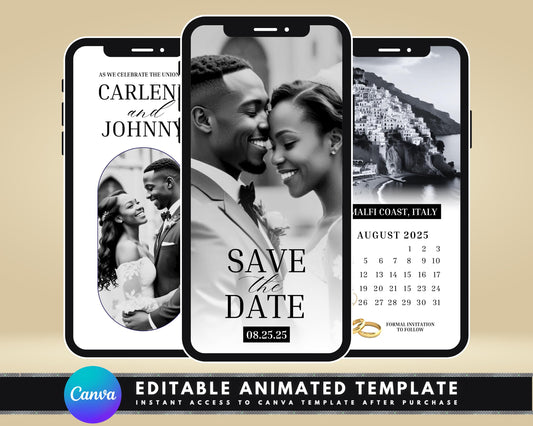 Animated Save the Date
Animated Wedding Invitation
Motion Graphics Save the Date
Digital Save the Date
Animated Wedding 
Video Announcement
Canva Animated Save the Date
Rustic
Boho
Minimalist
Whimsical
Vintage
Floral
Tropical
Destination Wedding