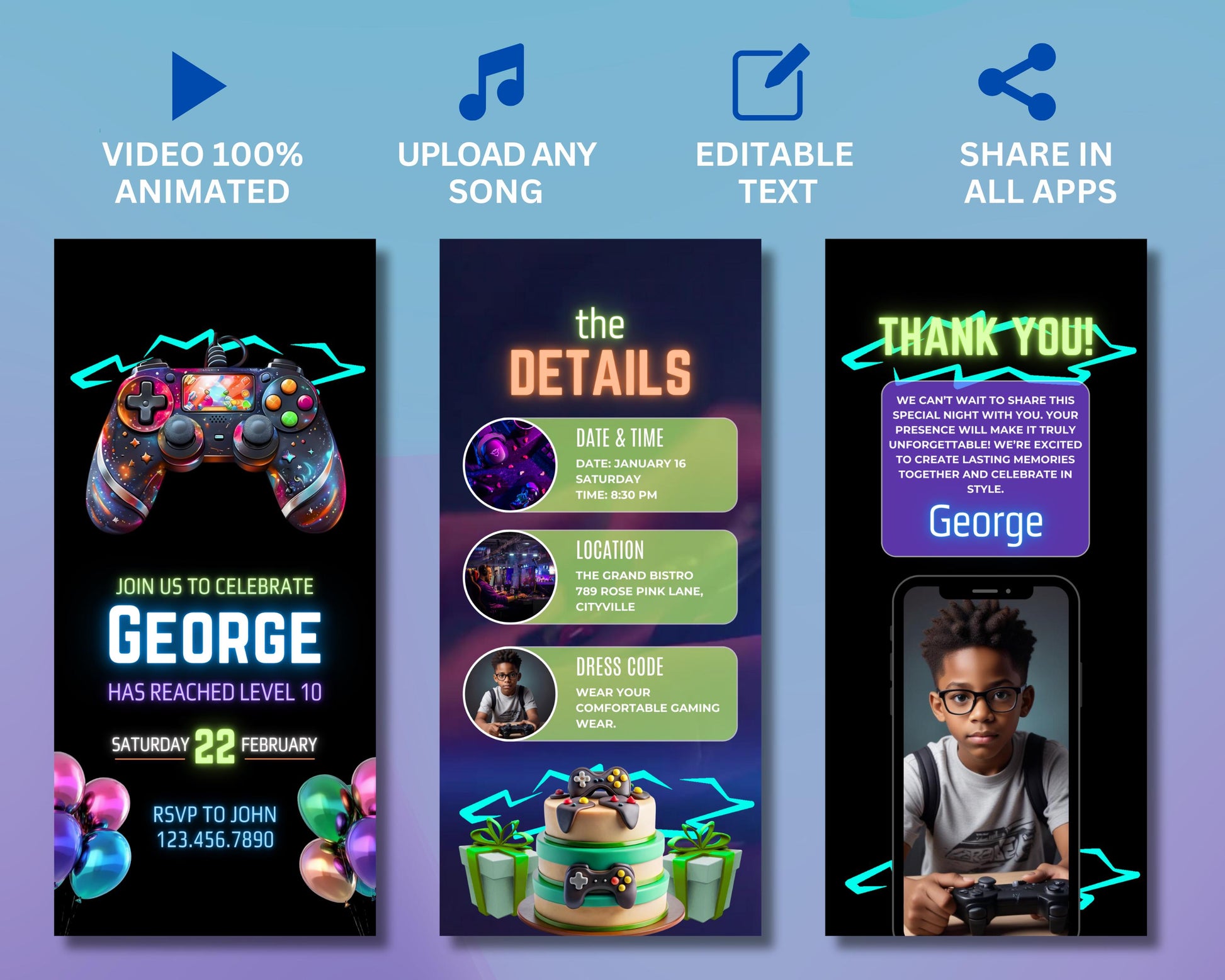 Video Game Birthday
Animated Invite
Birthday Invitation
Gaming Party
Level Up Your Birthday
Game On!
Gamer Birthday
Arcade
RPG
Adventure
Platformer
Shooter
Fantasy
Sci-Fi
Kids
Teens
Adults
Animated Invite
Gamer
Player
Motion Graphics
Customizable