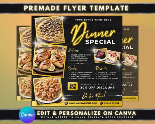 Dinner
Sale
Special
Promotion
Discount
Flyer
Template
Menu
Food
Restaurant
Meal
Offer
Limited Time
Order Now
Takeout
Delivery
Event
Appetizing
Photorealistic
Graphic
Vector
Customizable
Editable
Layout
Grid
Typography
Entrees
Sides
Desserts
Chicken
Beef
Shrimp
Pasta
Vegetarian
Stir-Fry
Mashed Potatoes
Carrots
Mac and Cheese
Brussels Sprouts
Chocolate
Cheesecake
Apple
StrawberryOrder Online
Contact Us
Limited Offer
Dont Miss Out
Grab Yours