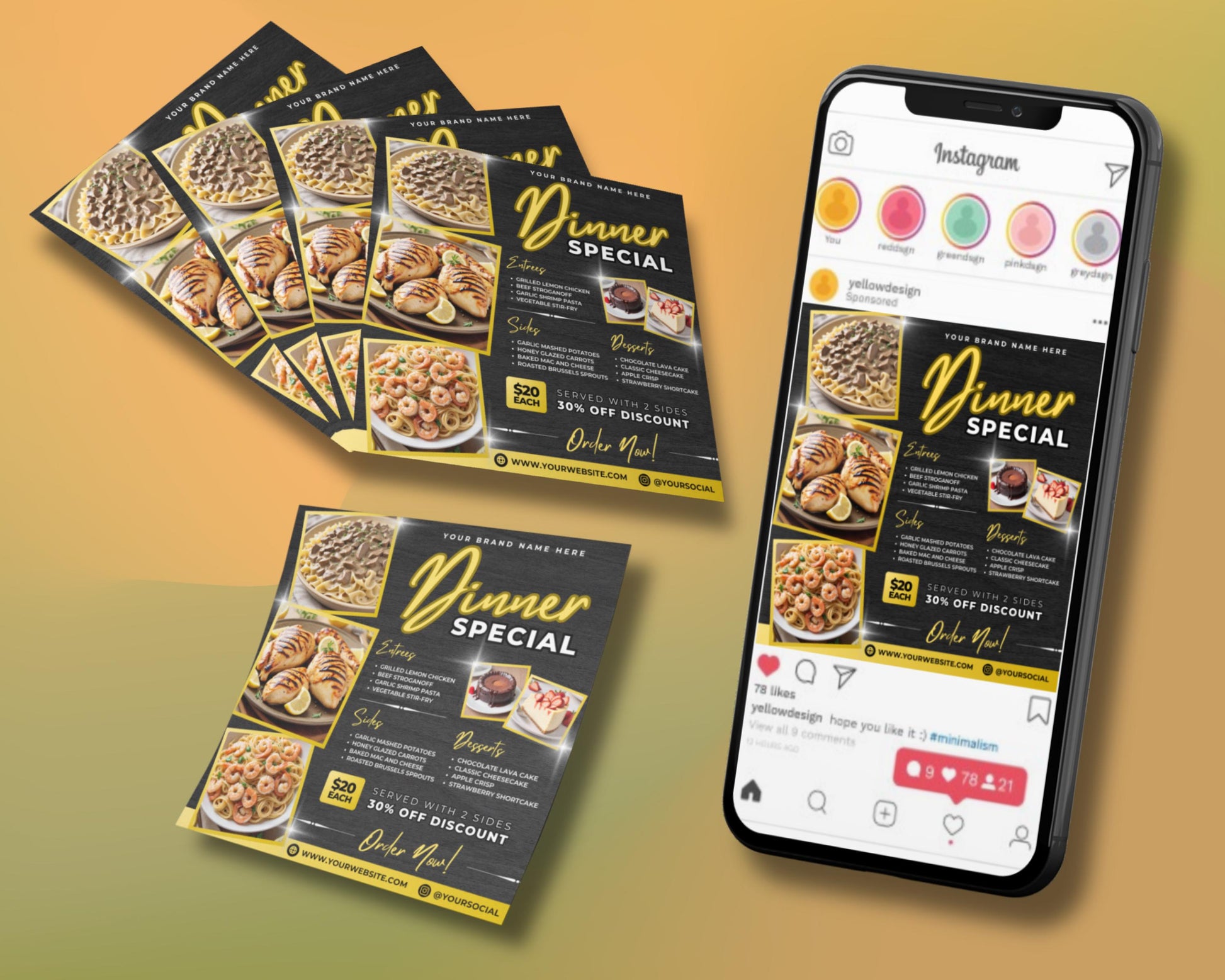 Dinner
Sale
Special
Promotion
Discount
Flyer
Template
Menu
Food
Restaurant
Meal
Offer
Limited Time
Order Now
Takeout
Delivery
Event
Appetizing
Photorealistic
Graphic
Vector
Customizable
Editable
Layout
Grid
Typography
Entrees
Sides
Desserts
Chicken
Beef
Shrimp
Pasta
Vegetarian
Stir-Fry
Mashed Potatoes
Carrots
Mac and Cheese
Brussels Sprouts
Chocolate
Cheesecake
Apple
StrawberryOrder Online
Contact Us
Limited Offer
Dont Miss Out
Grab Yours